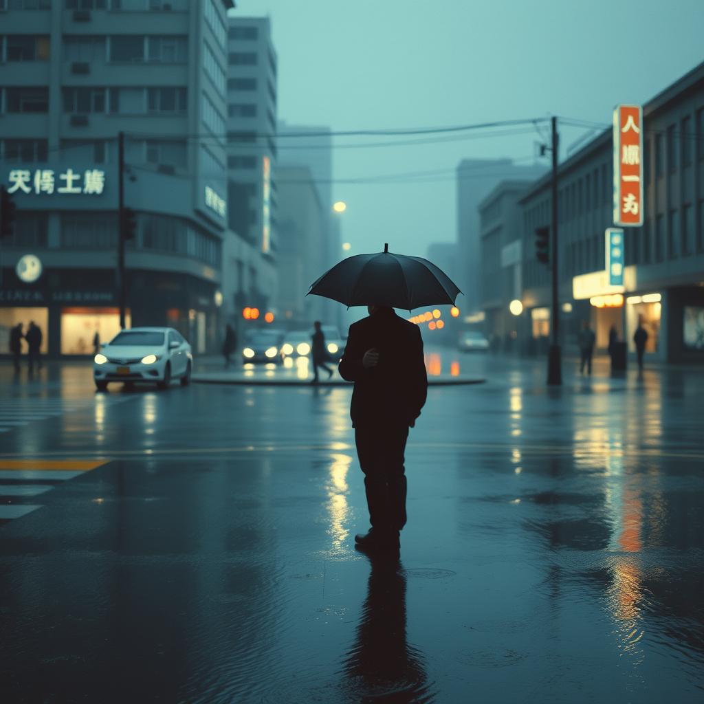 雨中撑伞的人